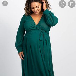 Green Chiffon Long Sleeve Pleated Plus Maternity Maxi